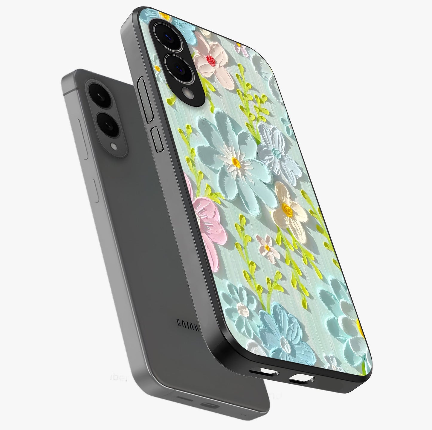 Frosted Petal Garden Glass Case displayed in angled mockup highlighting delicate flower petal design with calm garden aesthetic.