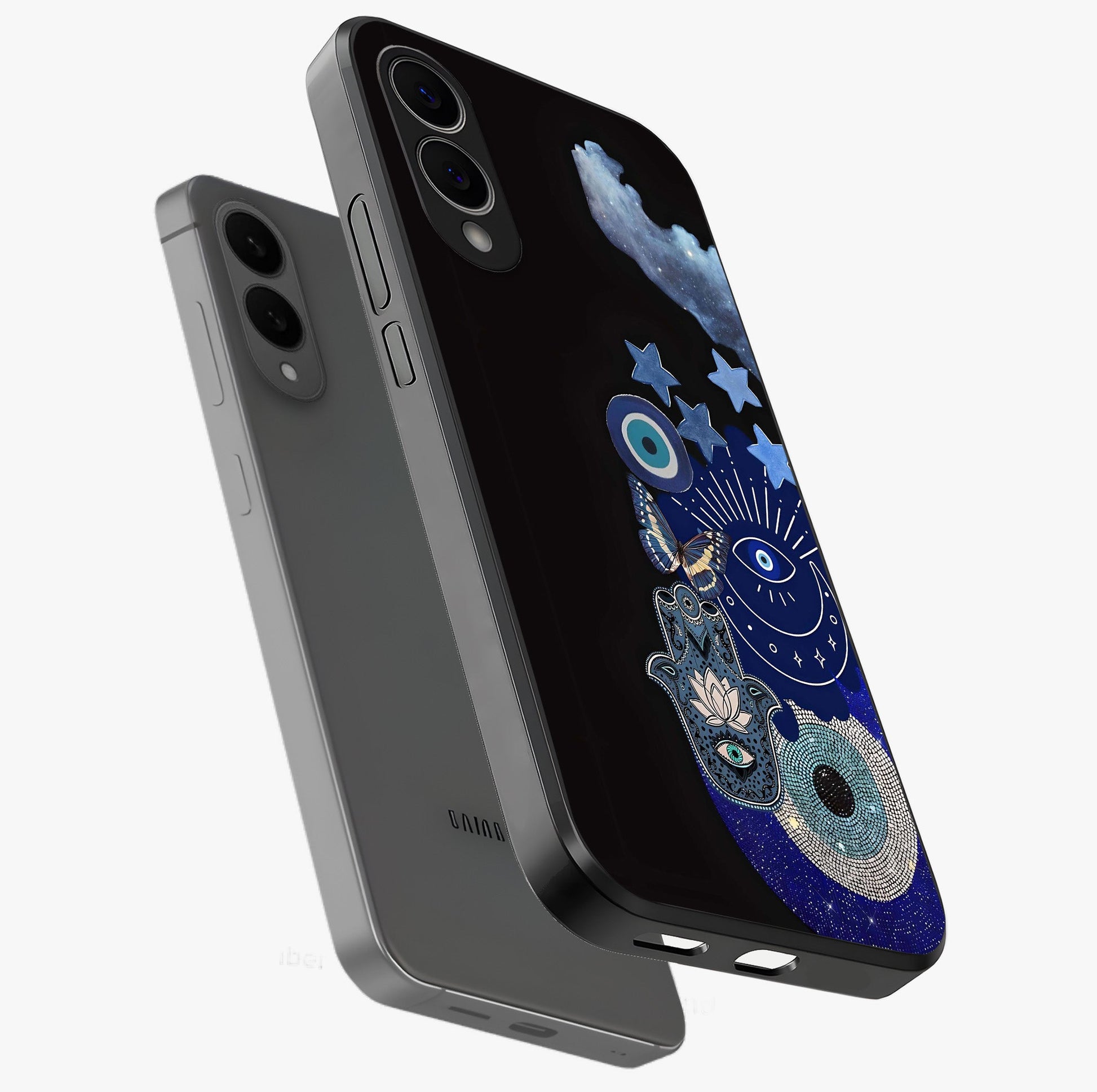Galactic Charm Cluster Glass Case displayed in angled mockup highlighting luminous galaxy inspired design with dreamy aesthetic.