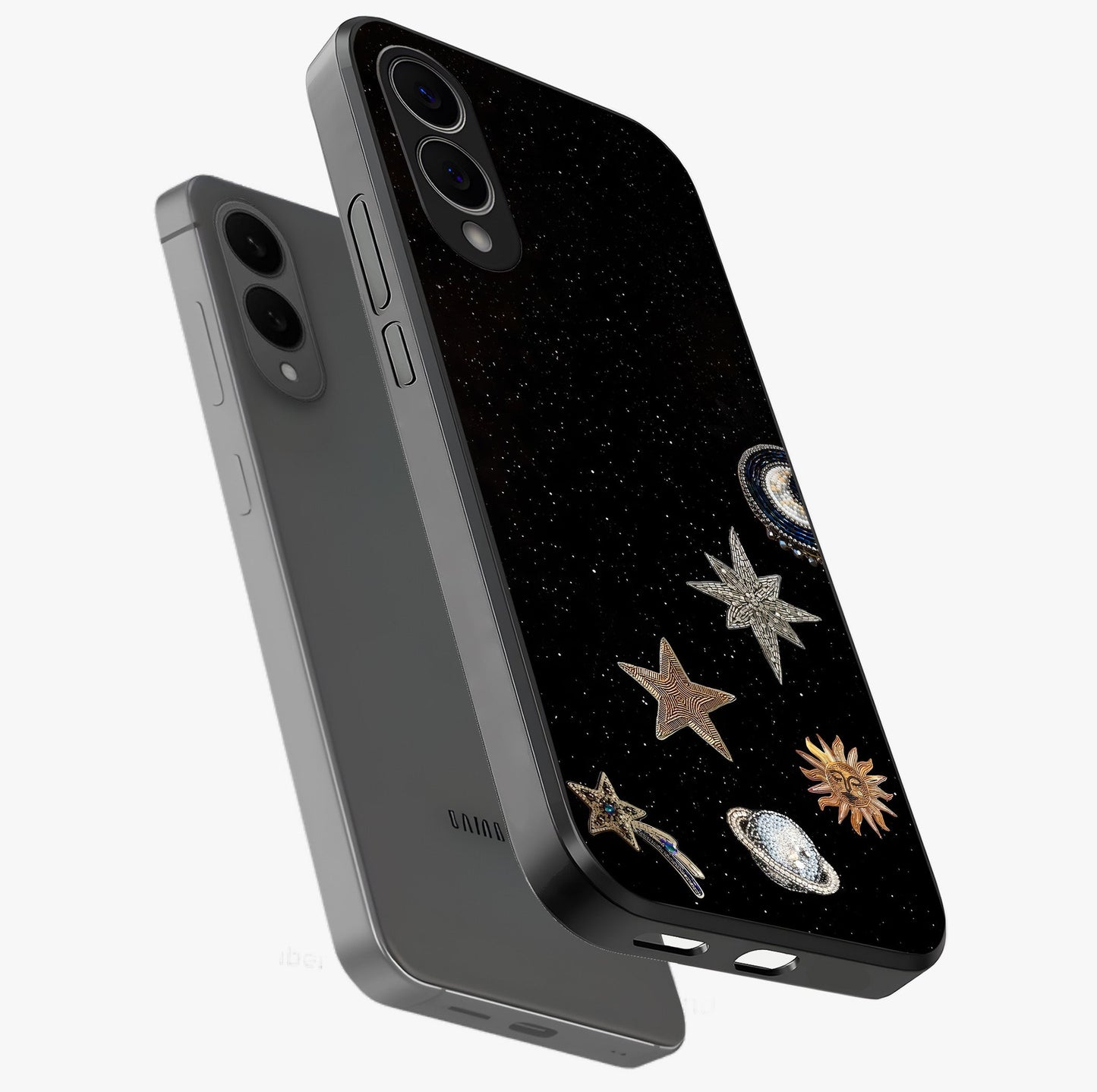 Galactic Charm Glow Glass Case displayed in angled mockup highlighting luminous galaxy inspired design with dreamy aesthetic.