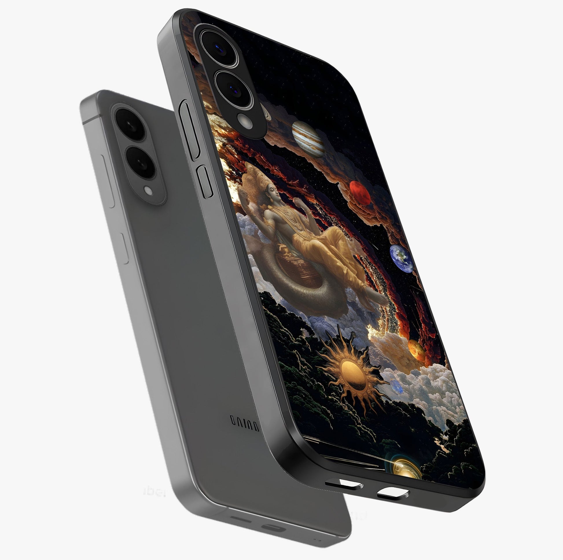 Galactic Divine God Glass Case displayed in angled mockup highlighting powerful celestial deity illustration with galactic aesthetic.