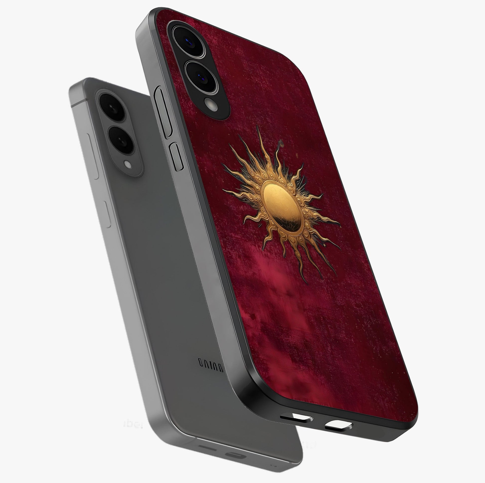 Golden Sun Minimalism Glass Case displayed in angled mockup highlighting clean sun symbol design with modern minimal aesthetic.