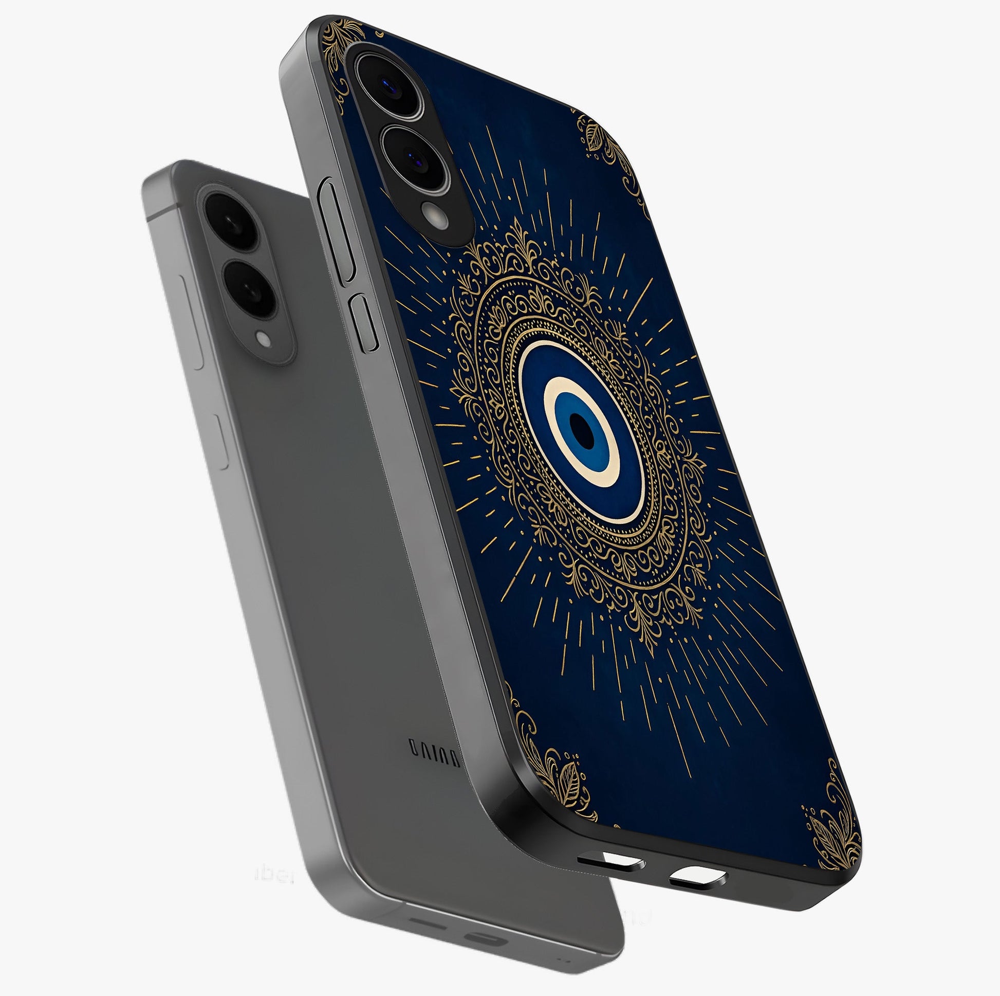 Golden Celestial Charm Glass Case displayed in angled mockup highlighting sparkling cosmic charm design with celestial aesthetic.