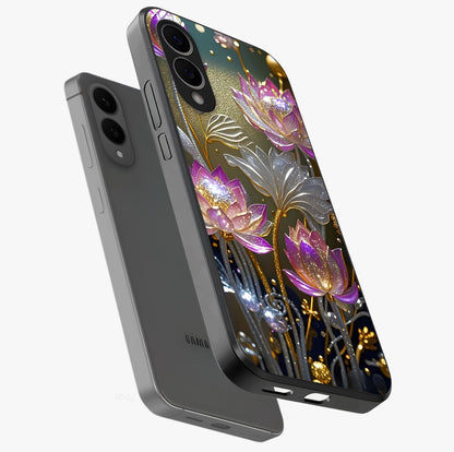 Golden Floral Majesty Glass Case displayed in angled mockup highlighting elegant flower design with royal golden aesthetic.