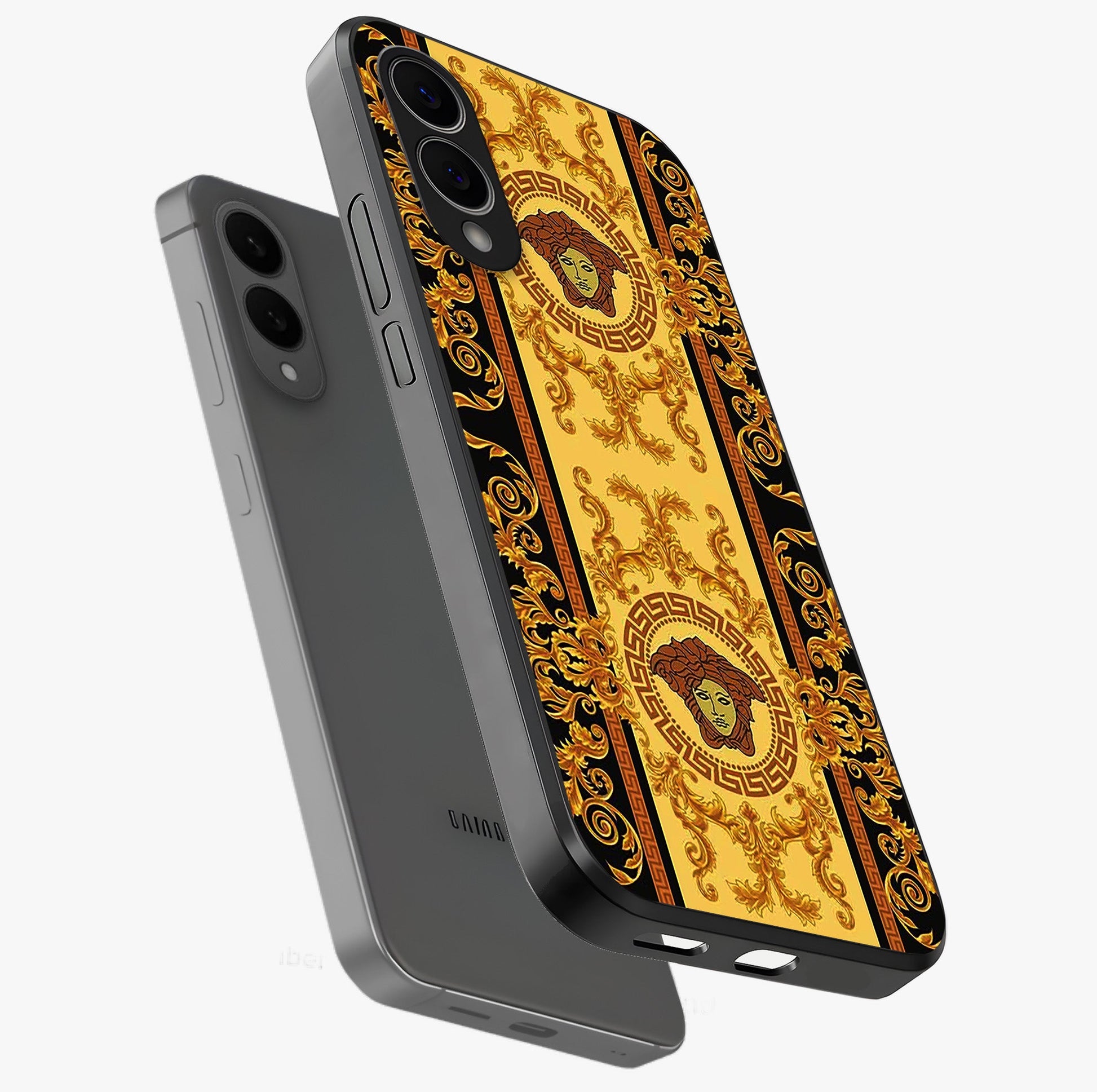 Golden Lotus Glow Glass Case displayed in angled mockup highlighting radiant lotus illustration with spiritual aesthetic.
