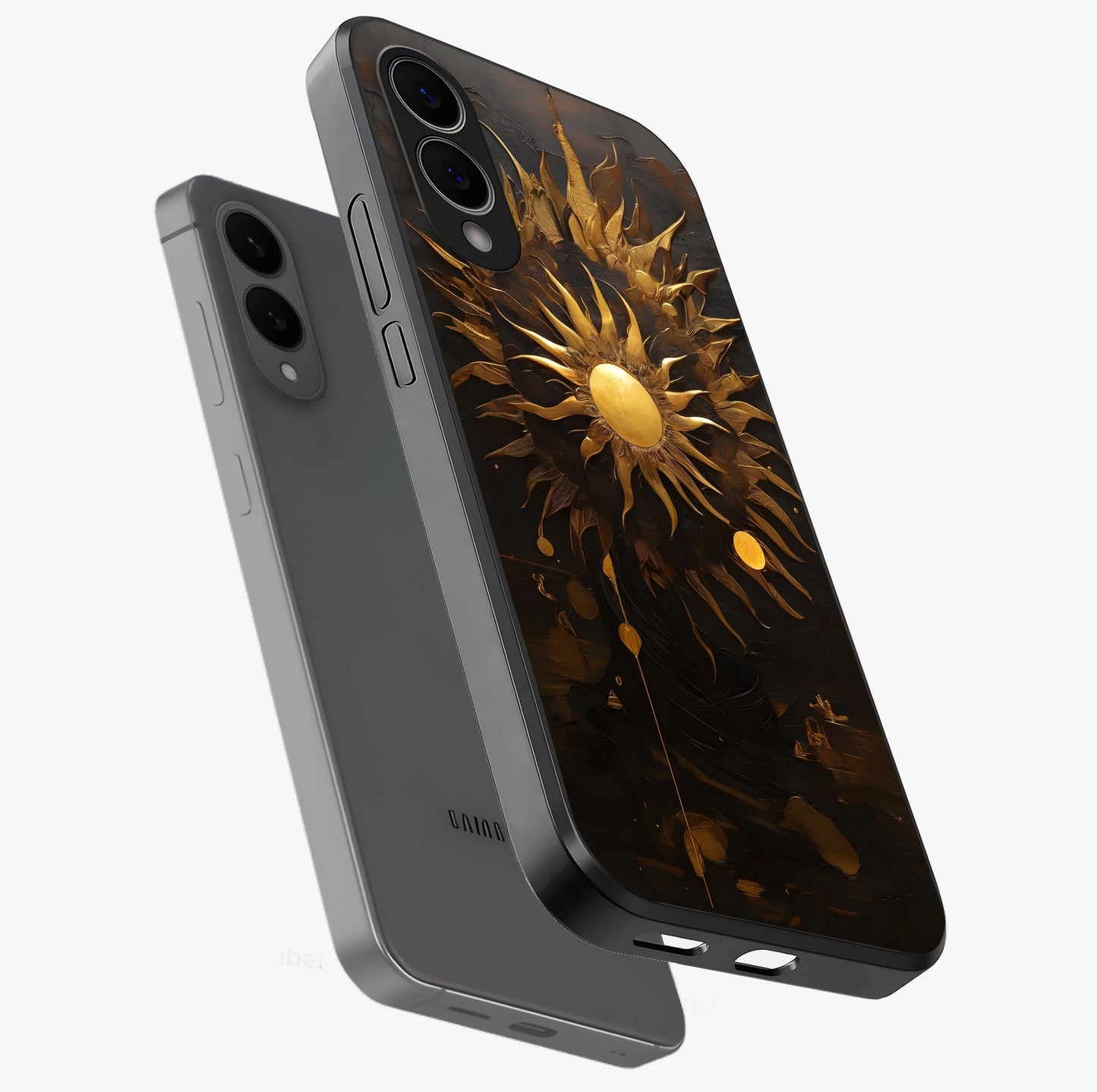 Golden Sun Majesty Glass Case displayed in angled mockup highlighting eerie shadow illustration with gothic aesthetic.