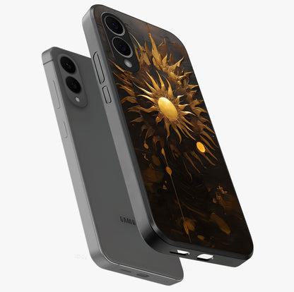 Golden Sun Majesty Glass Case displayed in angled mockup highlighting eerie shadow illustration with gothic aesthetic.