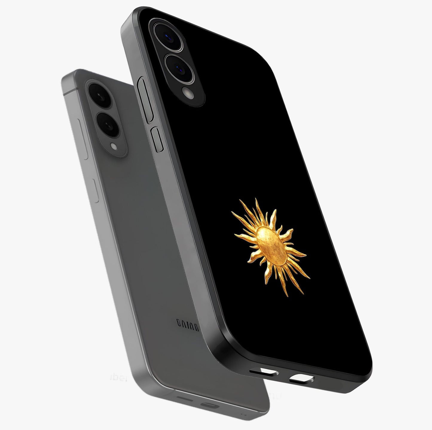Golden Sun Minimalism Glass Case displayed in angled mockup highlighting eerie shadow illustration with gothic aesthetic.