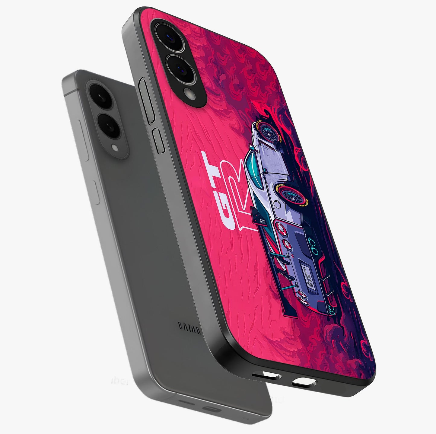 GT-R Car Pattern Glass Case displayed in angled mockup highlighting racing car graphic design with bold automotive aesthetic.