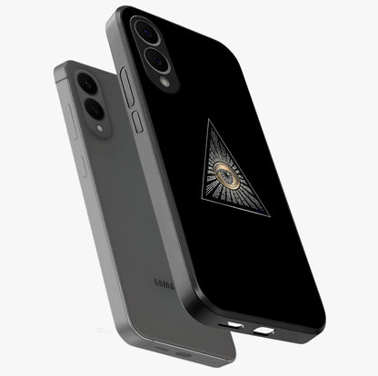 Illuminati Evil Glass Case displayed in angled mockup highlighting dark occult inspired design with bold aesthetic style.