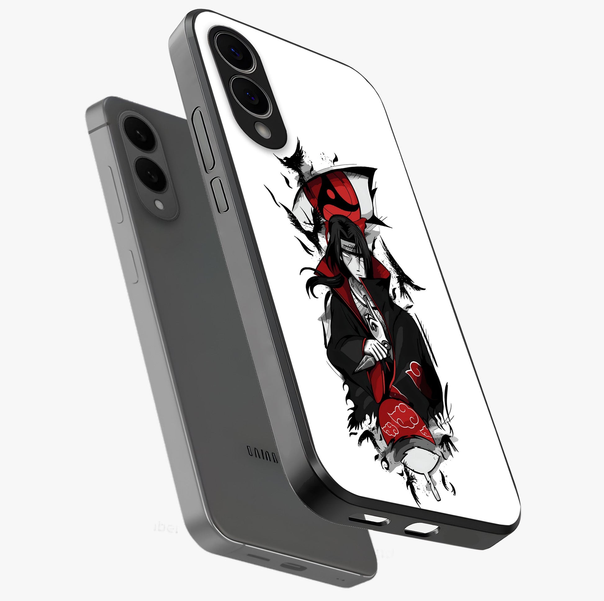 Itachi Limited Edition Naruto Anime Glass Case displayed in angled mockup highlighting dramatic anime illustration with bold action aesthetic.