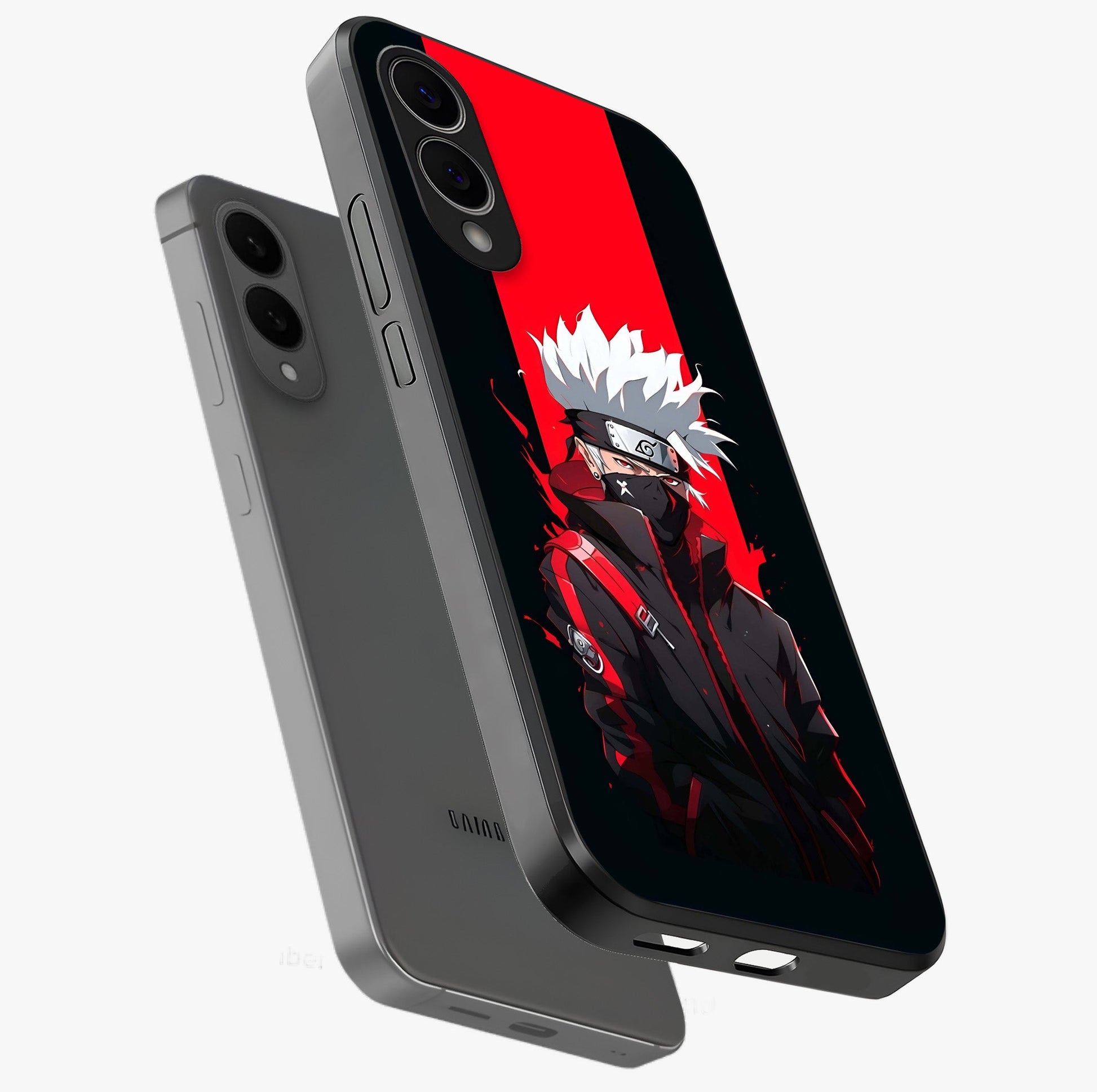 Kakashi Scarlet Shadow Glass Case displayed in angled mockup highlighting dramatic ninja illustration with scarlet themed aesthetic.