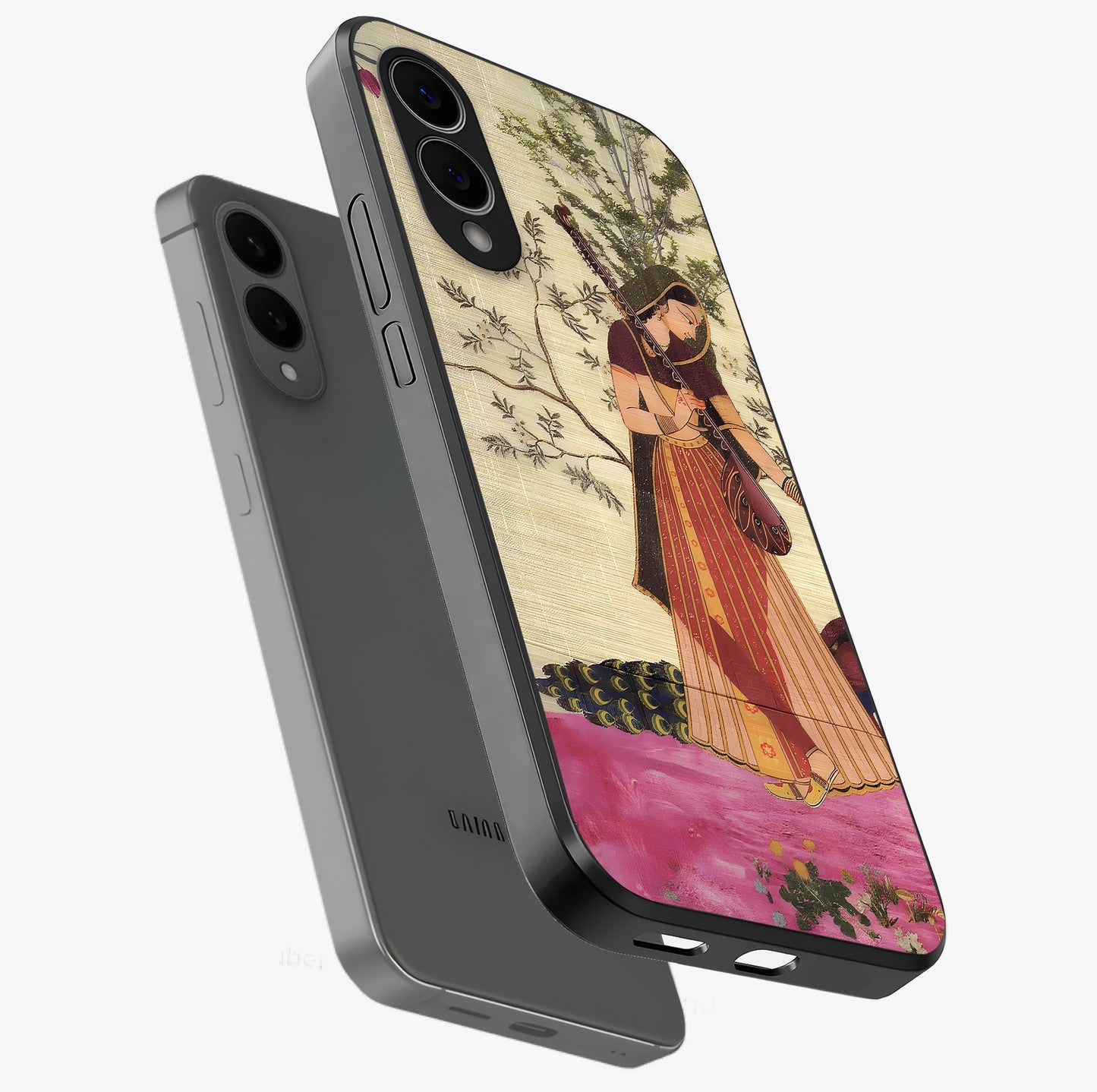 Lady With Veena Art Glass Case displayed in angled mockup highlighting graceful musical illustration with cultural artistic aesthetic.