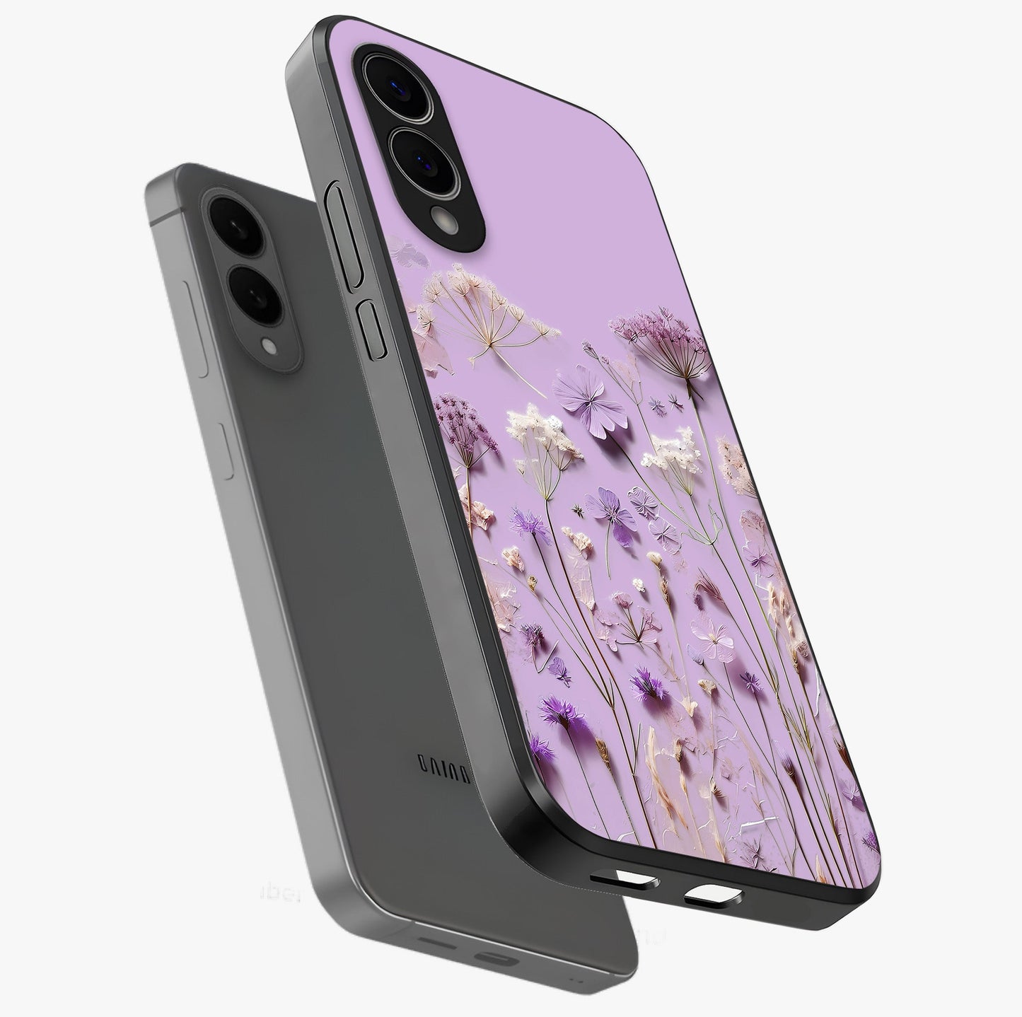 Lavender Blossom Dream Glass Case displayed in angled mockup highlighting dreamy lavender flower design with calming aesthetic style.