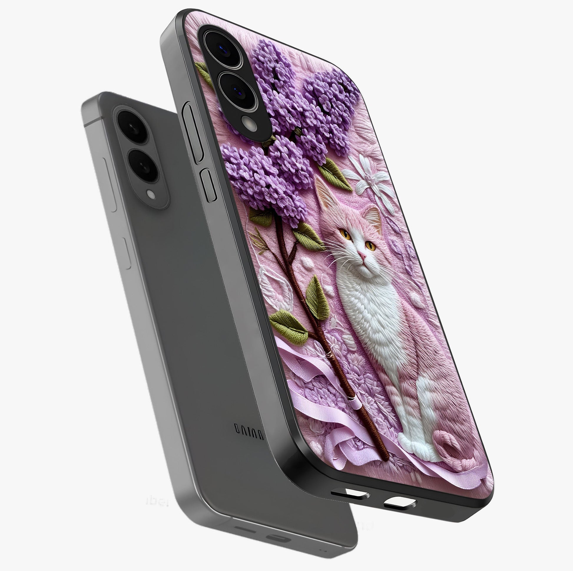Lavender Cat Whimsy Glass Case displayed in angled mockup highlighting playful feline illustration with pastel lavender aesthetic.