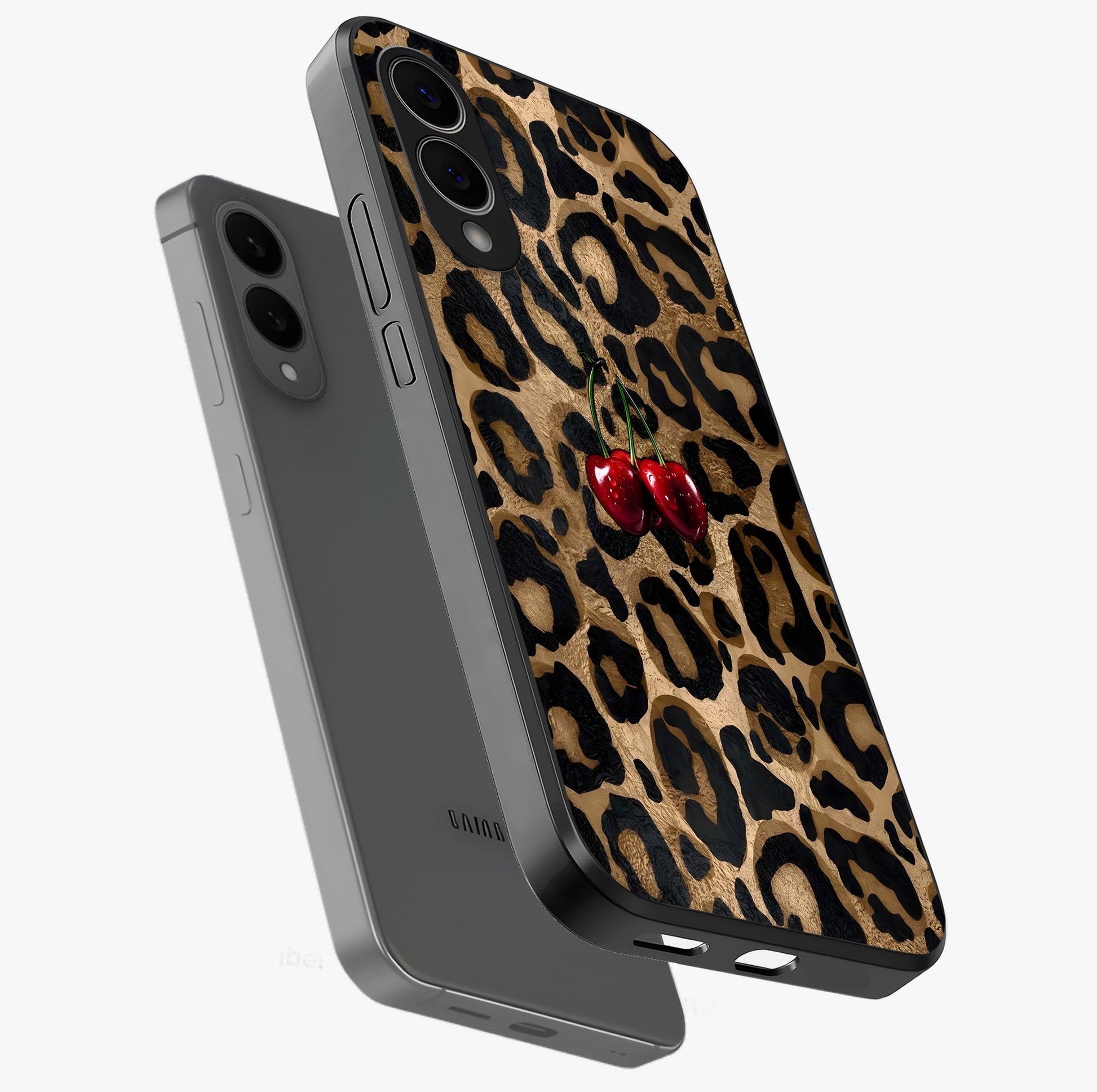 Leopard Wild Cherry Glass Case displayed in angled mockup highlighting bold animal print design with playful cherry aesthetic.