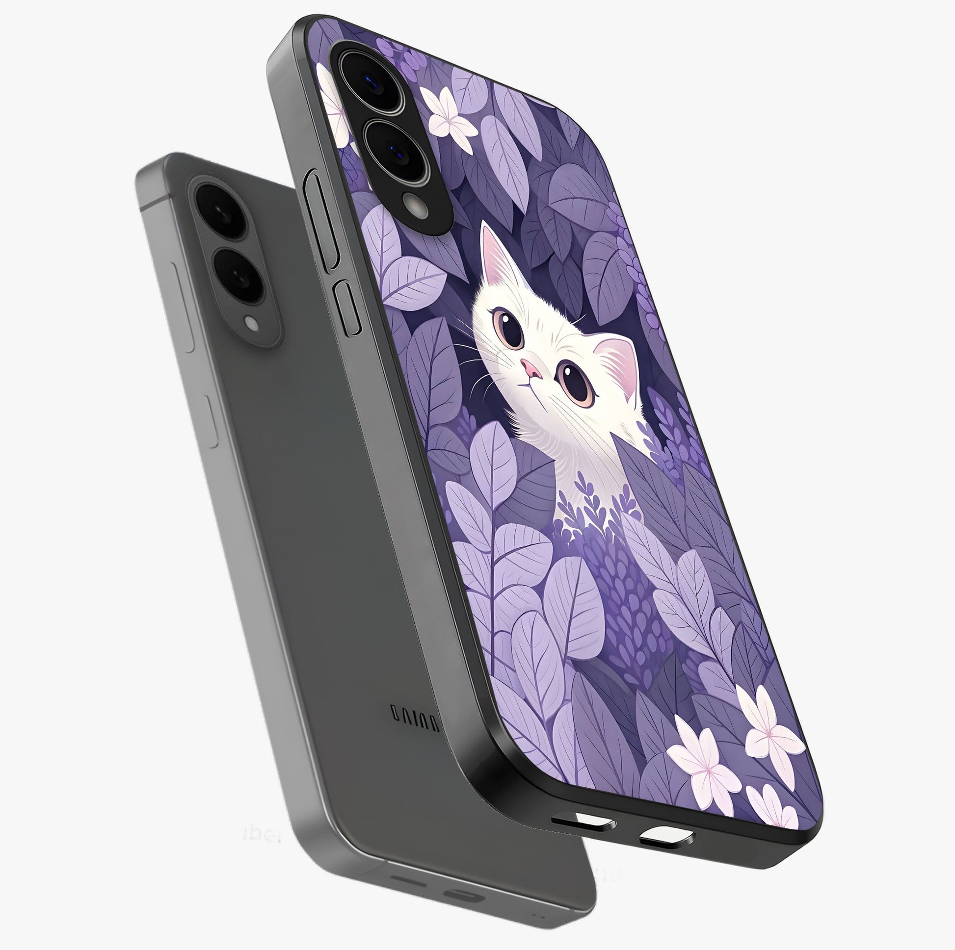 Lilac Hide Peek Cat Glass Case displayed in angled mockup highlighting playful feline illustration with lilac aesthetic design.