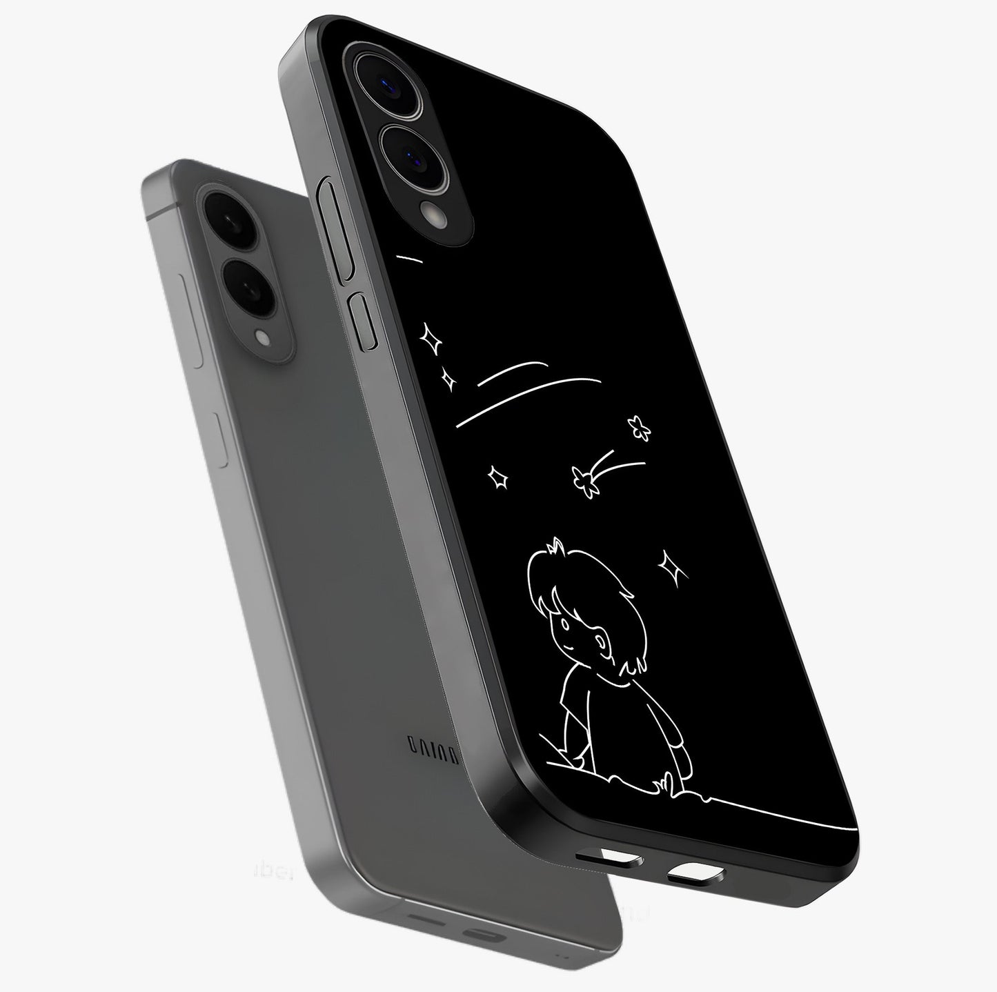 Line Art Boy With Shooting Stars Glass Case displayed in angled mockup highlighting elegant line art design with dreamy star aesthetic.