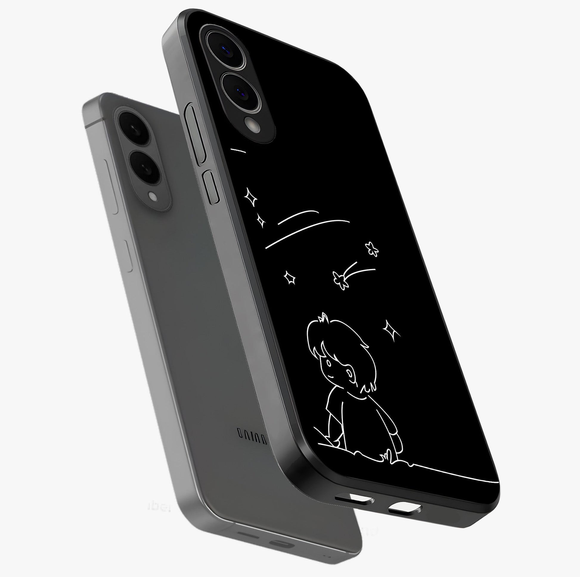 Line Art Boy With Shooting Stars Glass Case displayed in angled mockup highlighting elegant line art design with dreamy star aesthetic.
