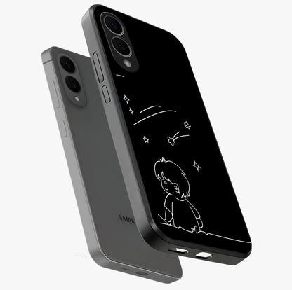 Line Art Boy With Shooting Stars Glass Case displayed in angled mockup highlighting elegant line art design with dreamy star aesthetic.