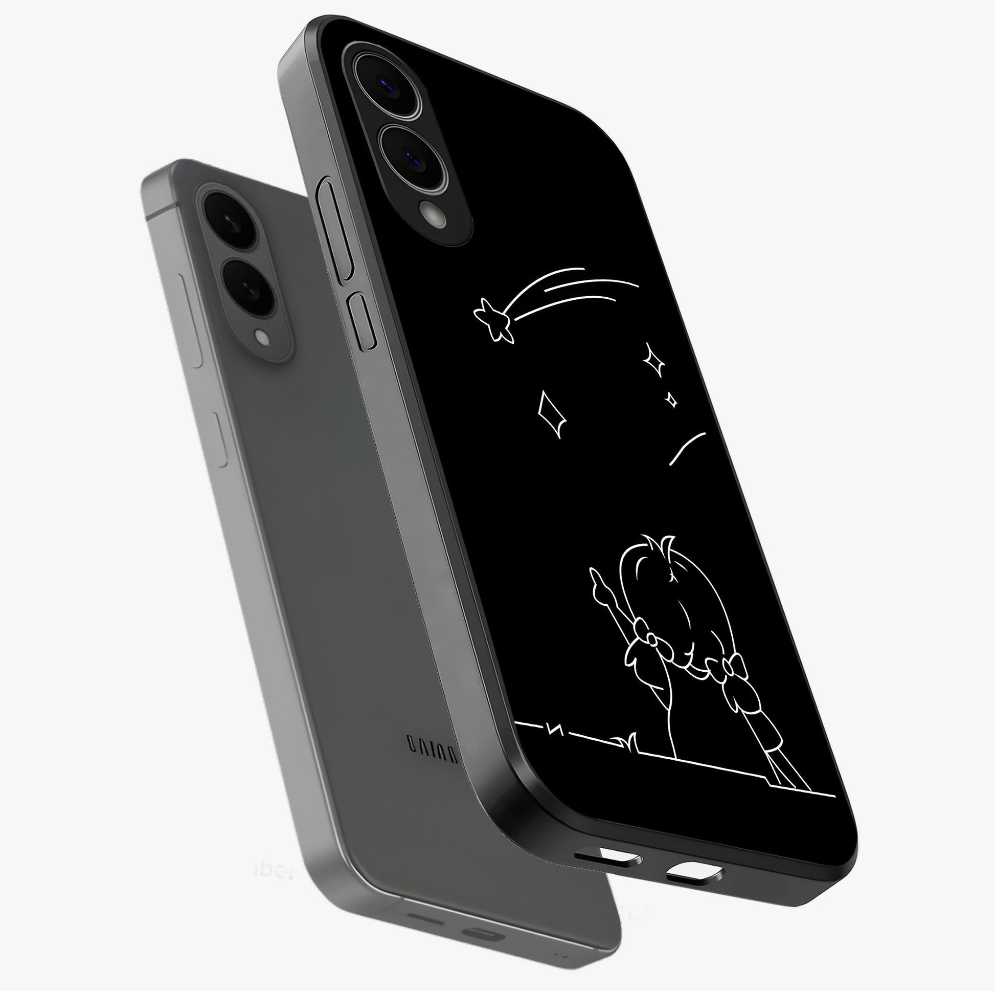 Line Art Girl With Shooting Stars Glass Case displayed in angled mockup highlighting elegant line art design with dreamy star aesthetic.