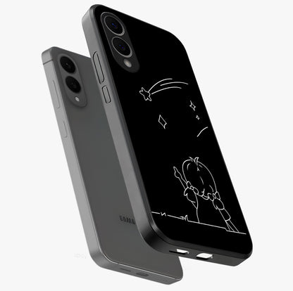 Line Art Girl With Shooting Stars Glass Case displayed in angled mockup highlighting elegant line art design with dreamy star aesthetic.