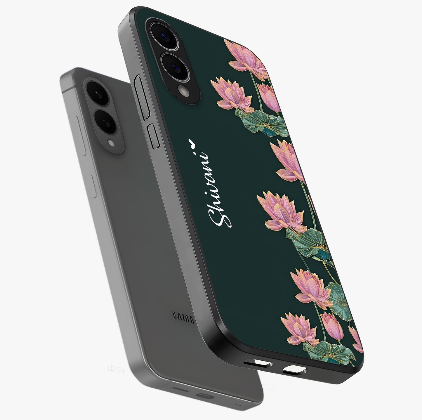 Lotus Bloom Serenity Custom Name Glass Case displayed in angled mockup highlighting graceful lotus illustration with custom name feature.
