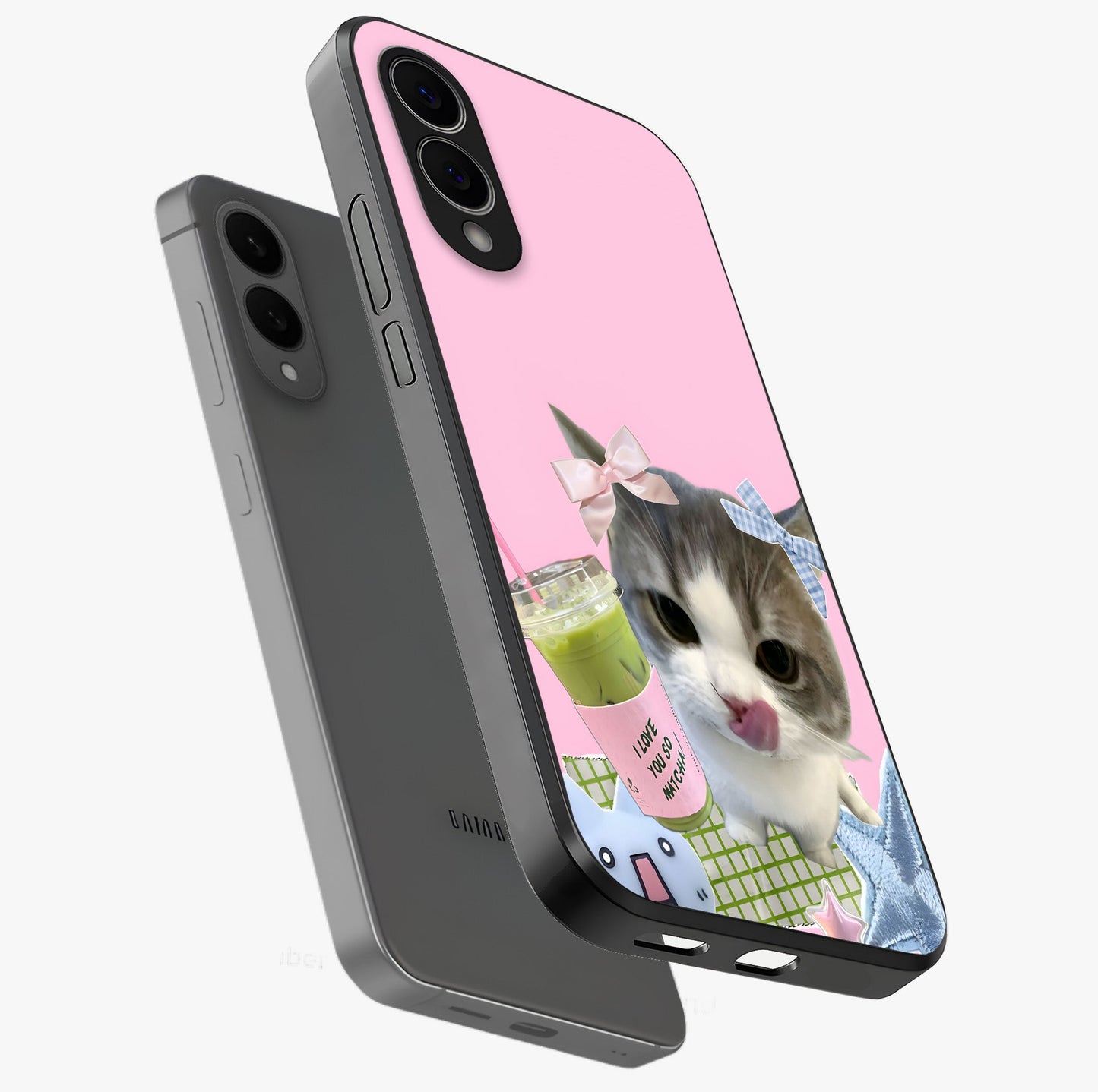 Love Matcha Cat Glass Case displayed in angled mockup highlighting playful feline illustration with cozy matcha aesthetic.