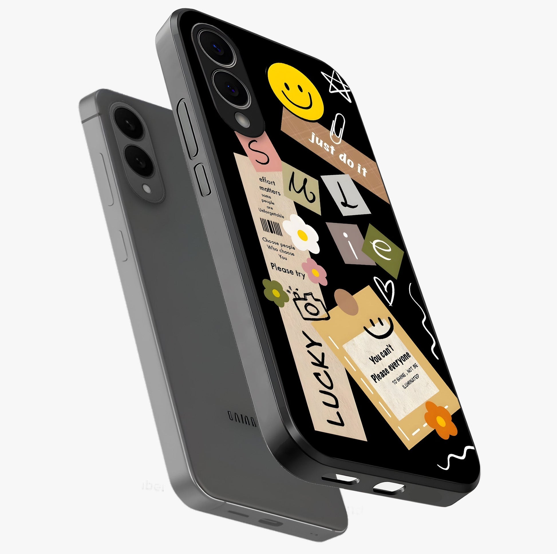 Lucky Aesthetic Collage Glass Case displayed in angled mockup highlighting stylish collage pattern with modern aesthetic vibe.