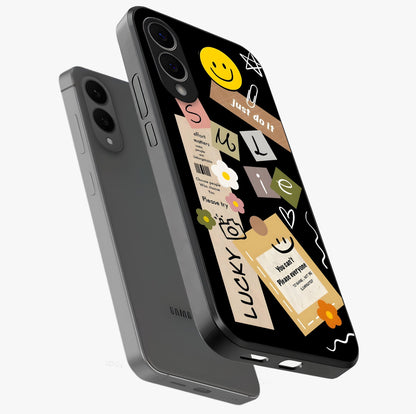 Lucky Aesthetic Collage Glass Case displayed in angled mockup highlighting stylish collage pattern with modern aesthetic vibe.