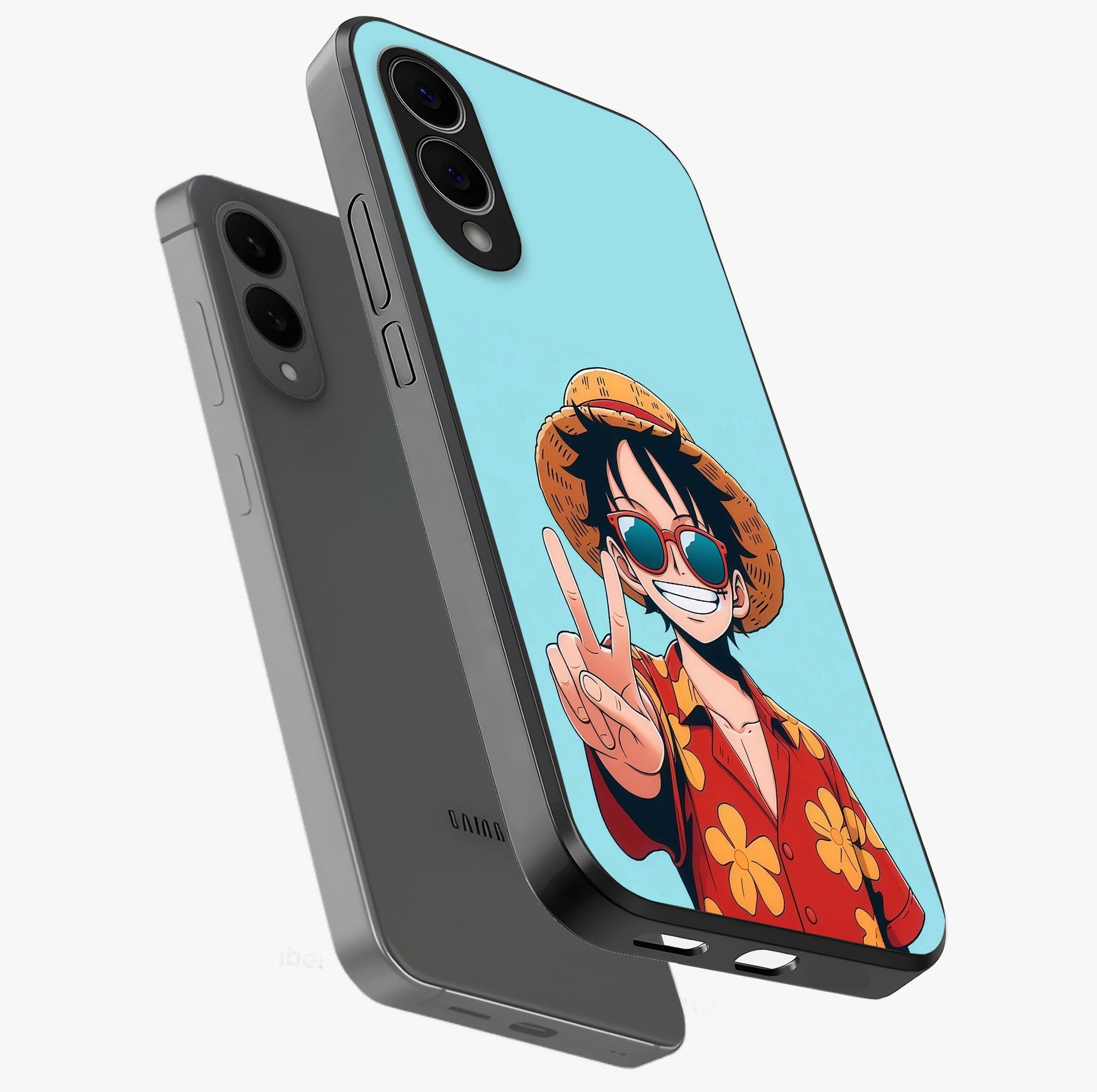 Luffy Summer Anime Vibe Glass Case displayed in angled mockup highlighting energetic anime illustration with summer vibe aesthetic.