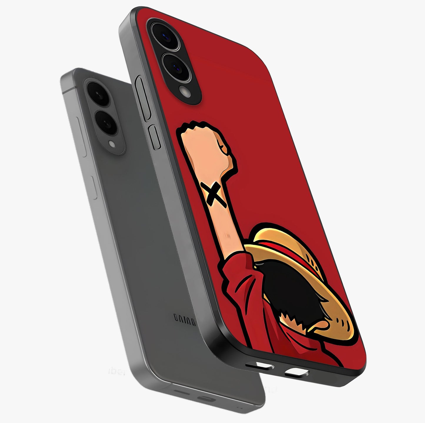 Luffy X Spirit Glass Case displayed in angled mockup highlighting powerful anime design with energetic action aesthetic.