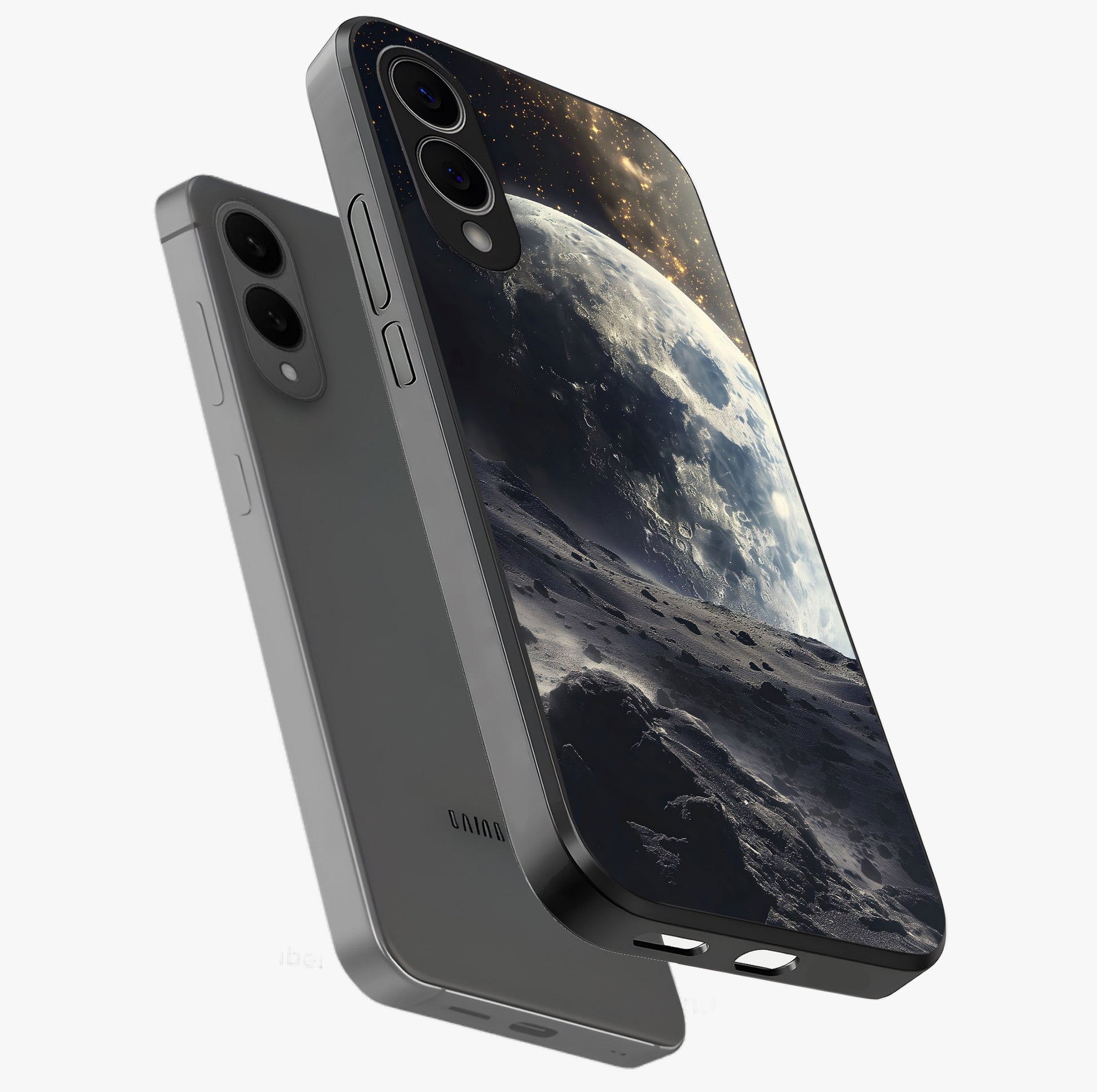 Lunar Horizon Glow Glass Case displayed in angled mockup highlighting celestial moon design with dreamy night aesthetic.