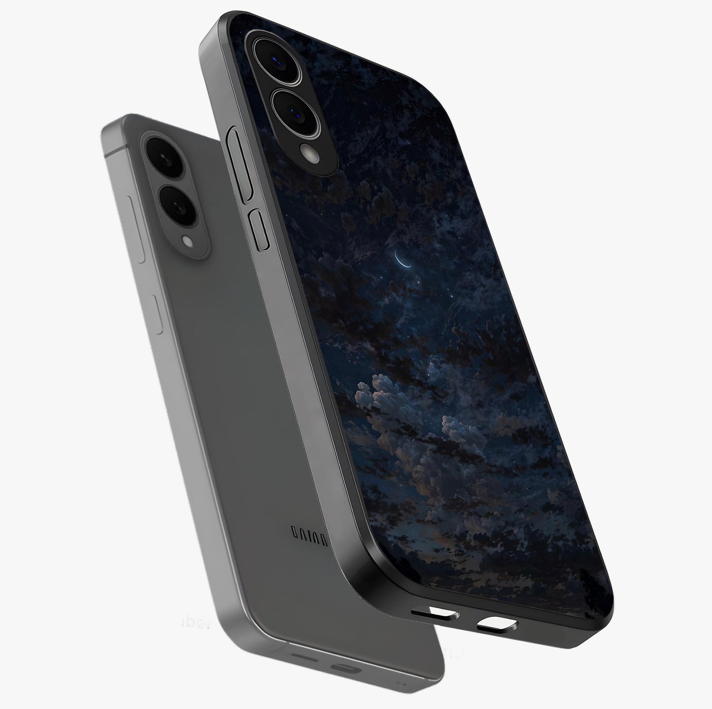 Lunar Veil Silence Glass Case displayed in angled mockup highlighting soft lunar design with peaceful celestial aesthetic.