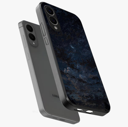 Lunar Veil Silence Glass Case displayed in angled mockup highlighting soft lunar design with peaceful celestial aesthetic.