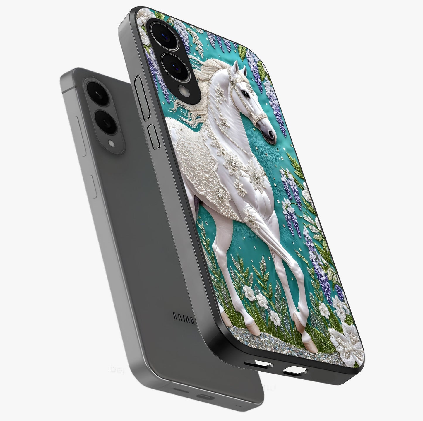Majestic Floral Stallion Glass Case displayed in angled mockup highlighting majestic stallion illustration with elegant floral aesthetic.