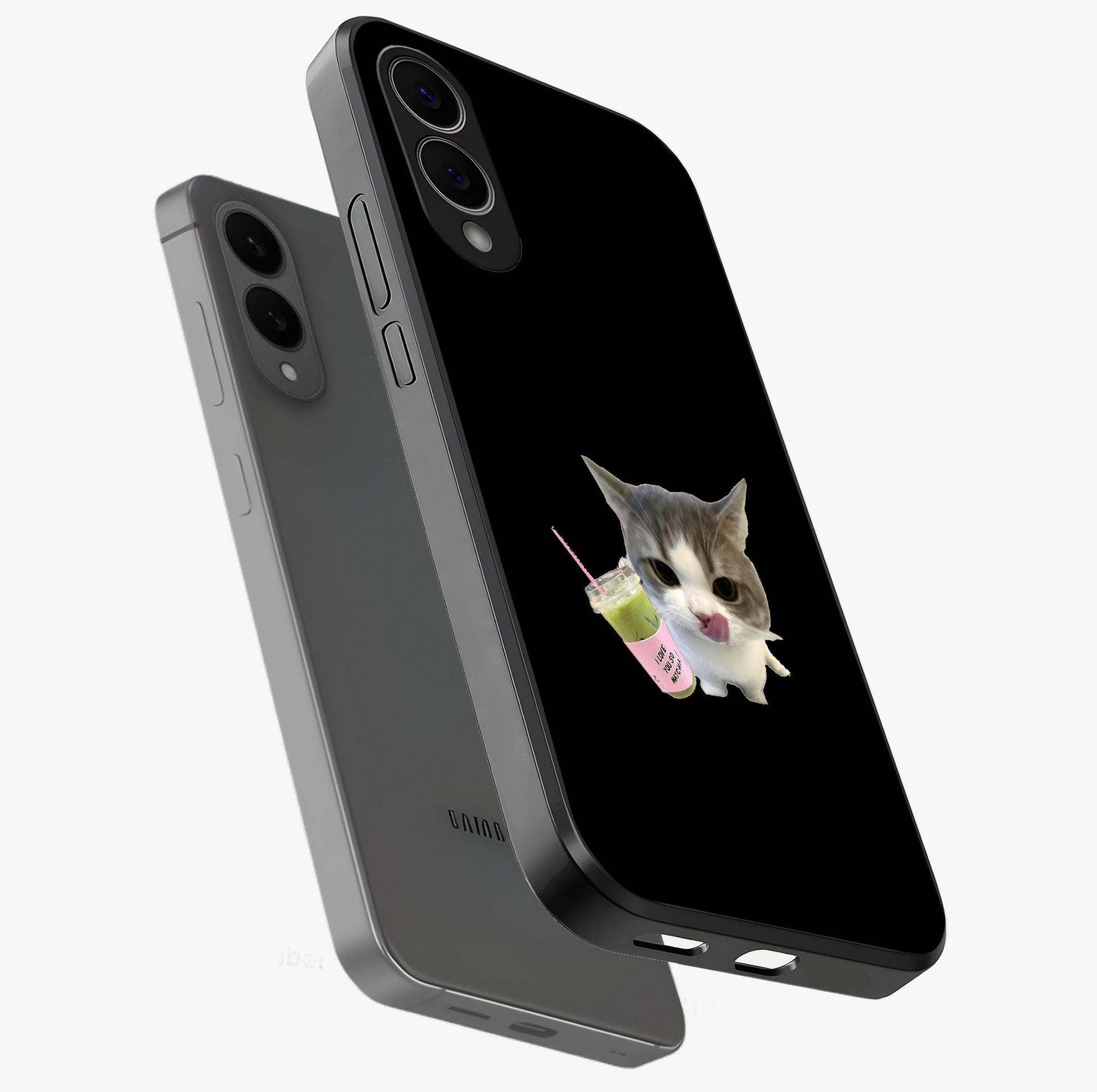 Matcha Cat Style Glass Case displayed in angled mockup highlighting playful feline design with pastel matcha aesthetic.