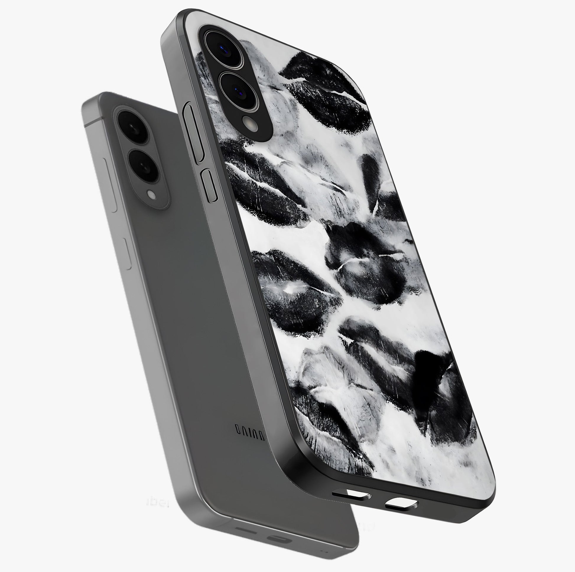Midnight Kiss Marks Glass Case displayed in angled mockup highlighting playful romantic design with bold midnight aesthetic.