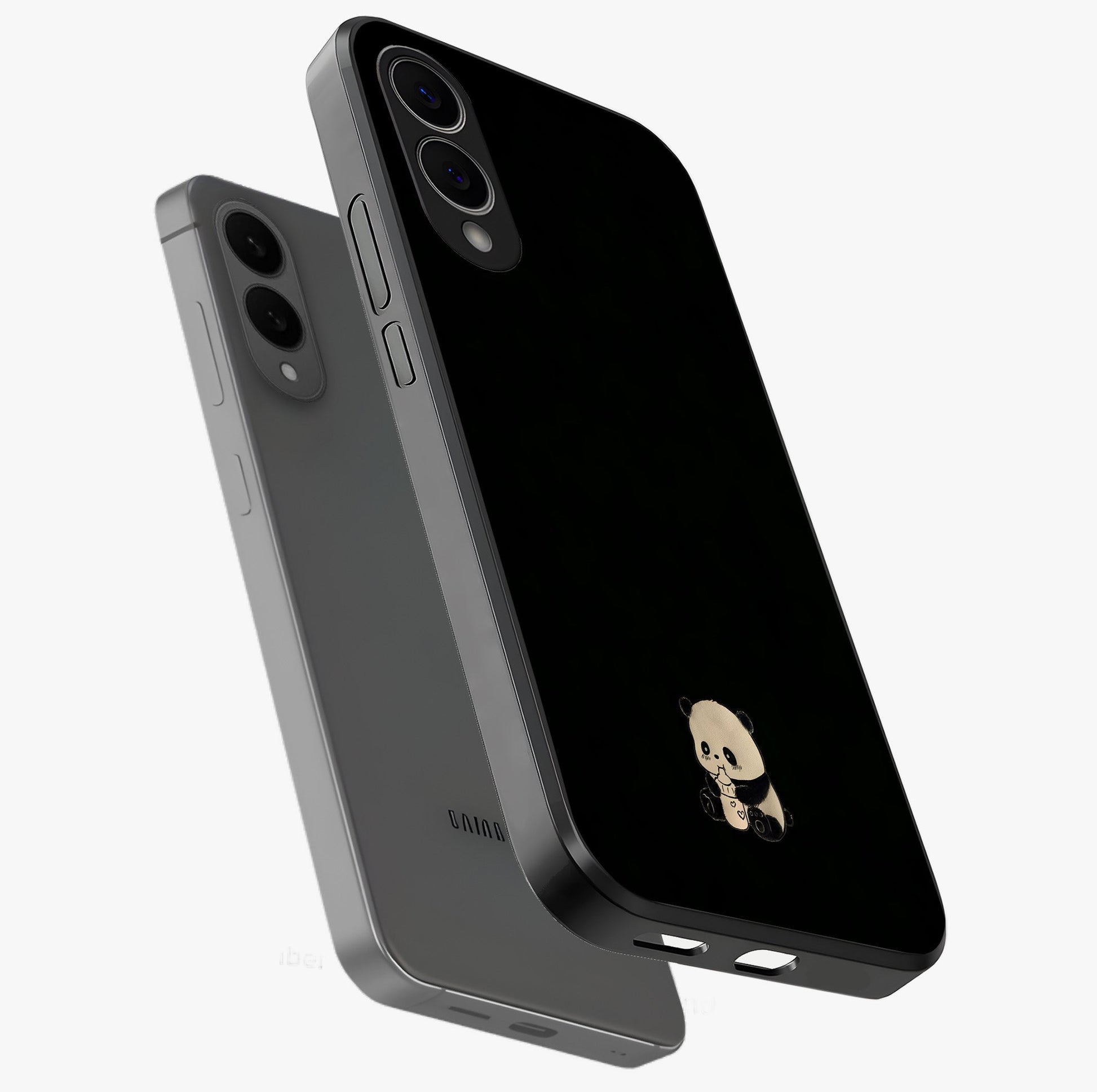 Midnight Panda Love Glass Case displayed in angled mockup highlighting adorable panda illustration with midnight aesthetic.