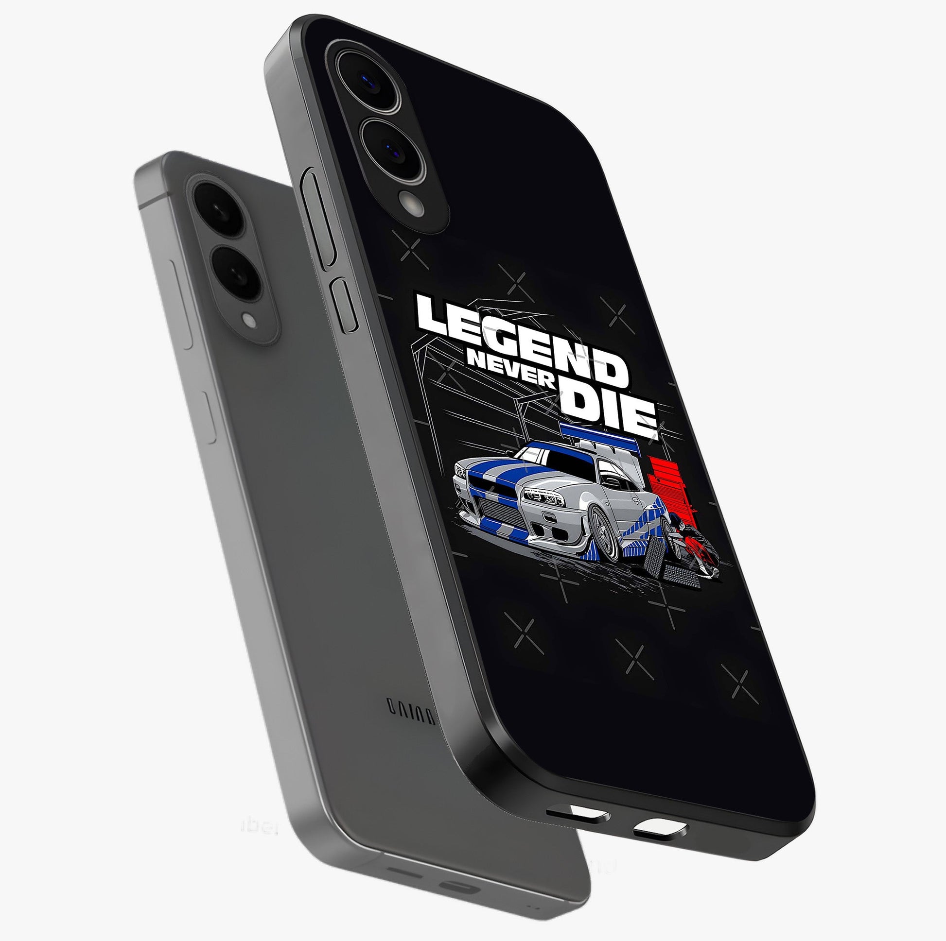 Midnight Racing Legacy Glass Case displayed in angled mockup highlighting dynamic automotive design with bold midnight aesthetic.