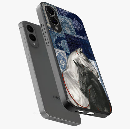 Midnight Stallion Blues Glass Case displayed in angled mockup highlighting powerful stallion illustration with deep midnight tones.