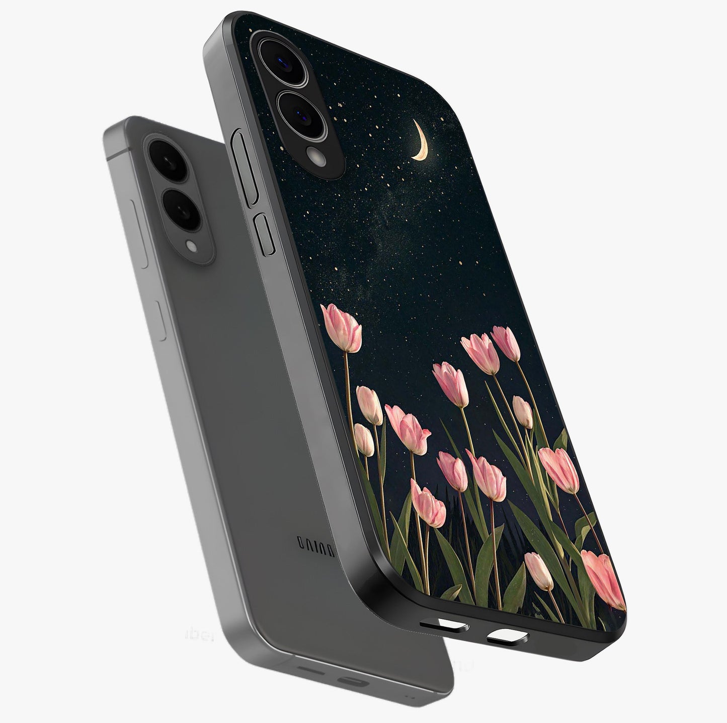 Midnight Tulip Whispers Vibe Glass Case displayed in angled mockup highlighting delicate tulip design with midnight floral aesthetic.