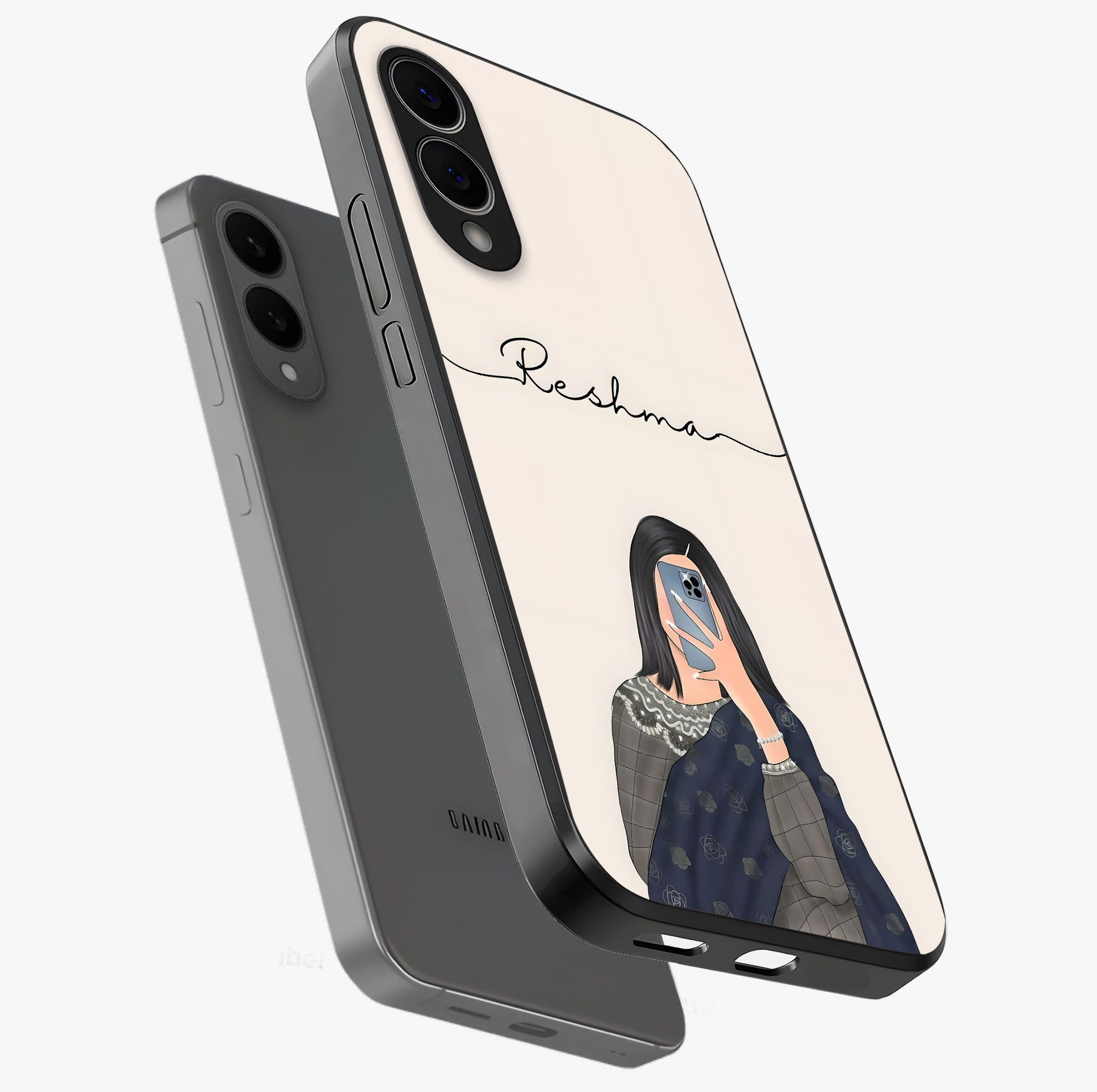 Mirror Mood Muse With Custom Name Glass Case displayed in angled mockup highlighting aesthetic mirror inspired design with custom name feature.