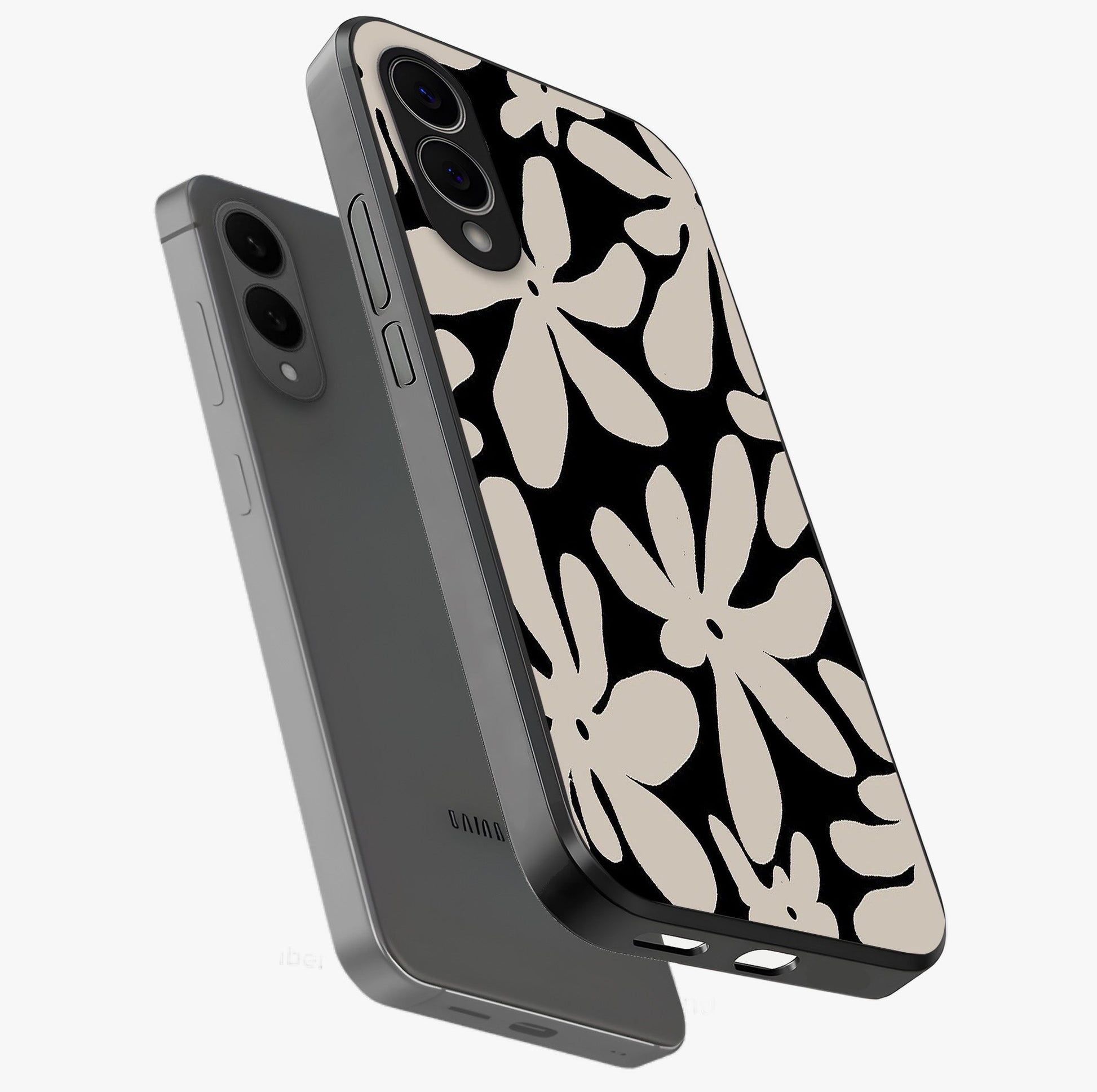 Monochrome Petal Dance Glass Case displayed in angled mockup highlighting elegant petal design with black and white aesthetic.