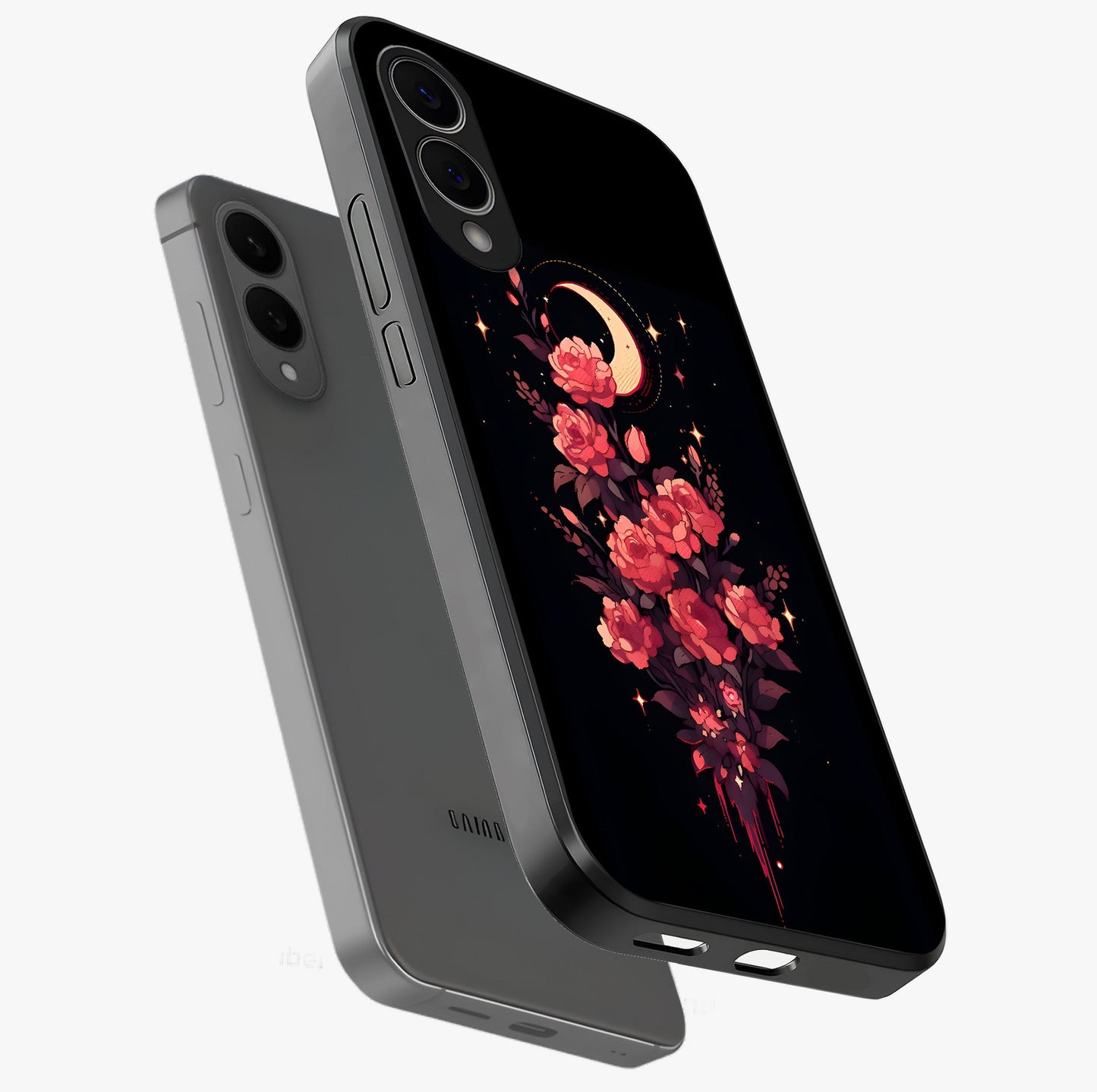 Moonlit Floral Elegance Glass Case displayed in angled mockup highlighting graceful flower design with soft moonlight aesthetic.
