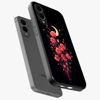 Moonlit Floral Elegance Glass Case displayed in angled mockup highlighting graceful flower design with soft moonlight aesthetic.