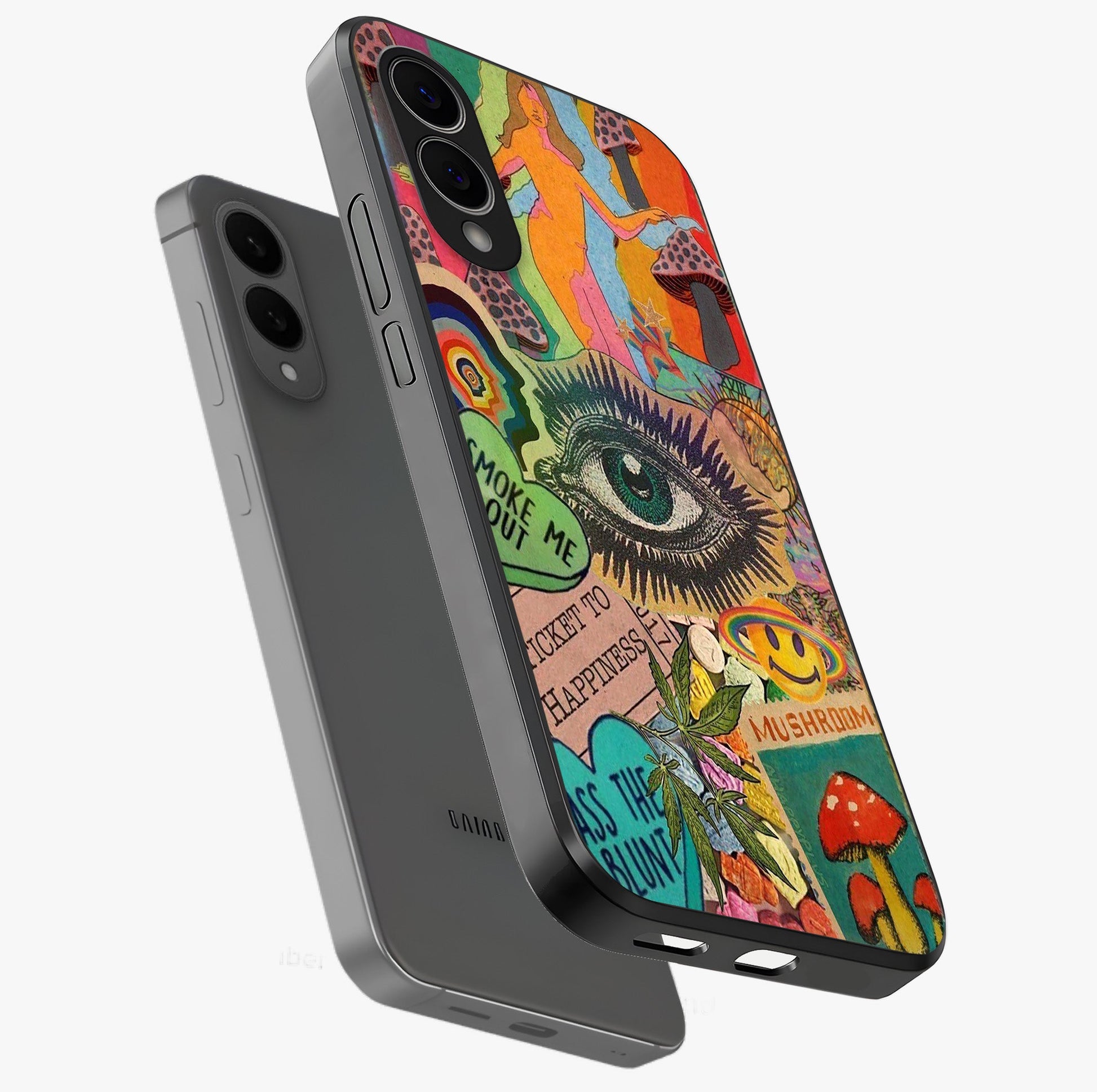 Mystic Eye Wonderland Glass Case displayed in angled mockup highlighting magical eye illustration with dreamy aesthetic.