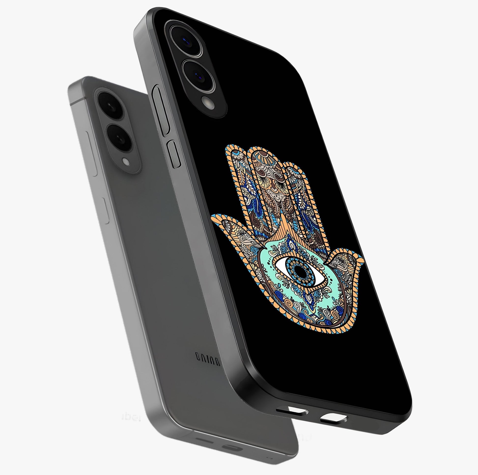 Mystic Hamsa Eye Glass Case displayed in angled mockup highlighting spiritual hamsa symbol with mystical aesthetic style.