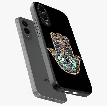 Mystic Hamsa Eye Glass Case displayed in angled mockup highlighting spiritual hamsa symbol with mystical aesthetic style.