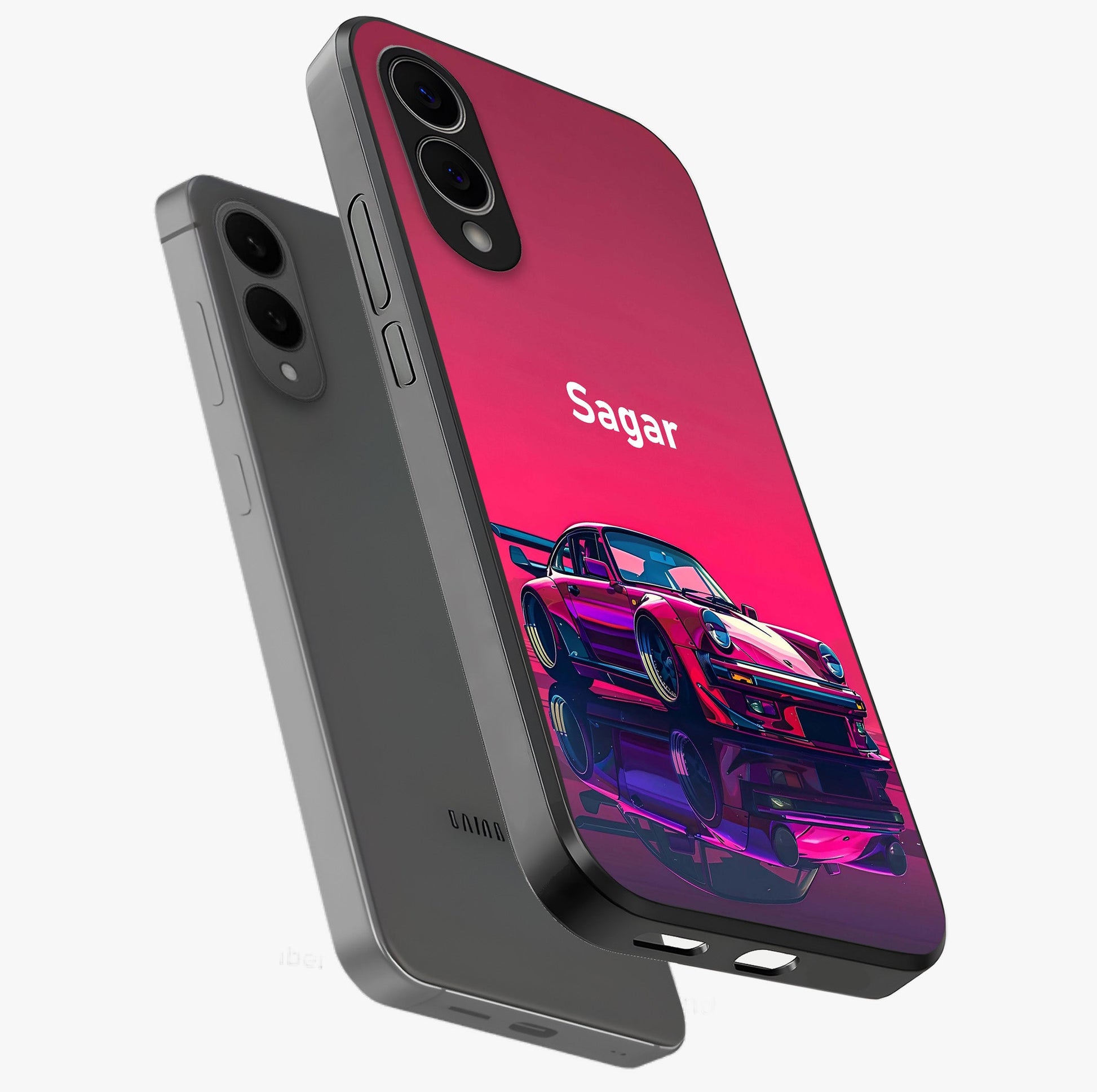 Neon Pink Porsche Glass Case displayed in angled mockup highlighting sleek neon pink car design with racing aesthetic.