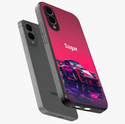 Neon Pink Porsche Glass Case displayed in angled mockup highlighting sleek neon pink car design with racing aesthetic.